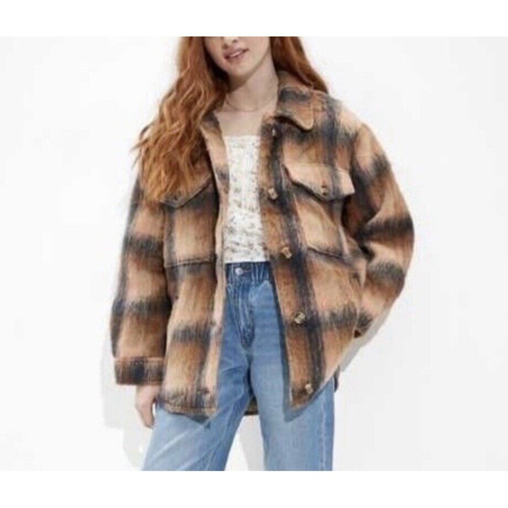 AMERICAN EAGLE‎ Oversized Brushed Brown Plaid Shacket Women's MEDIUM NWT
